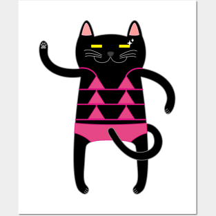 Black Cat Wearing a Pink Bikini Swimsuit Posters and Art